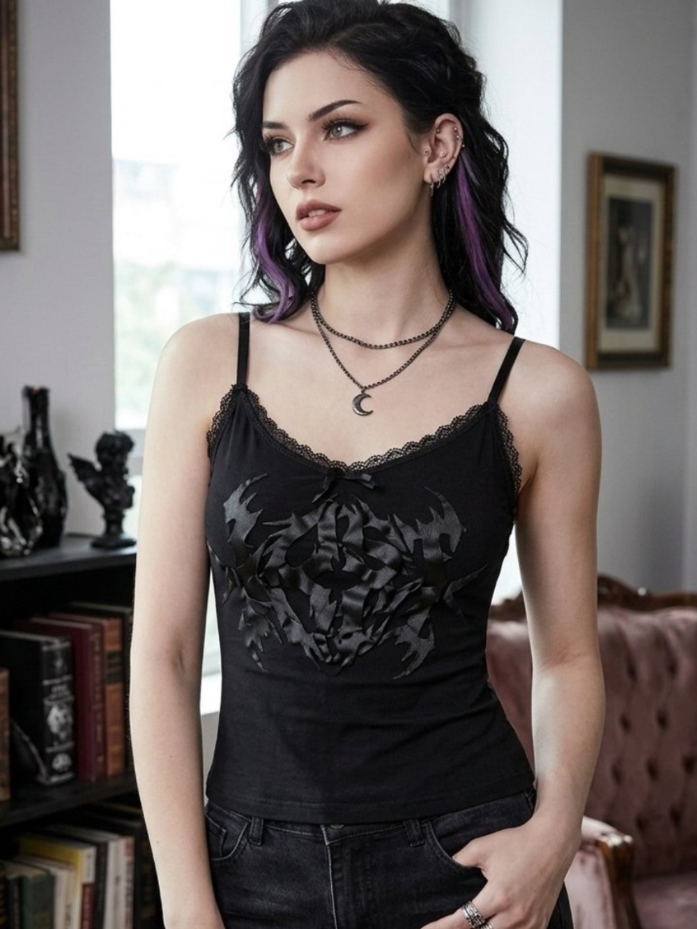 Killstar Black Satin-Panel Lace Cami